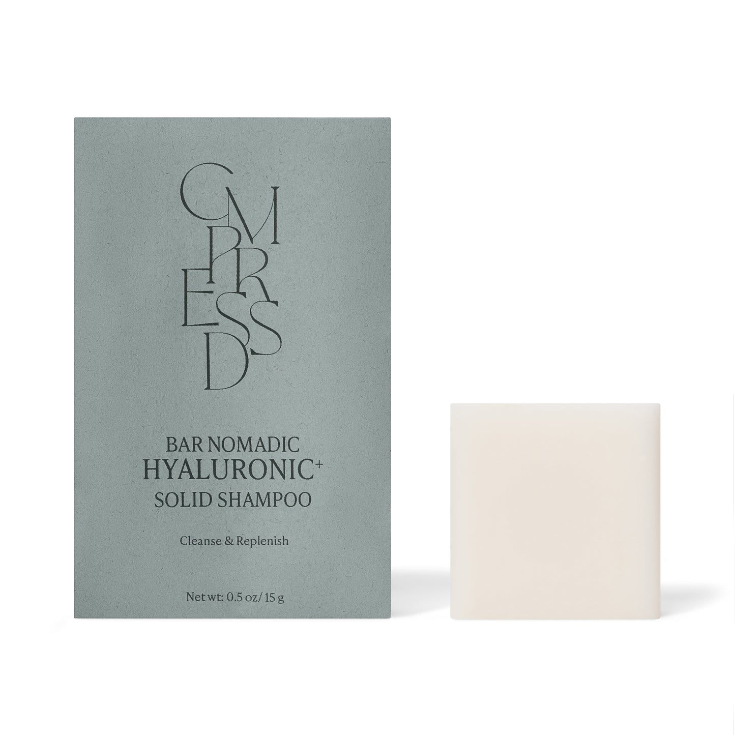 Hyaluronic+ Solid Shampoo Bar Sample packaging and bar, plastic free hair care for all hair types.