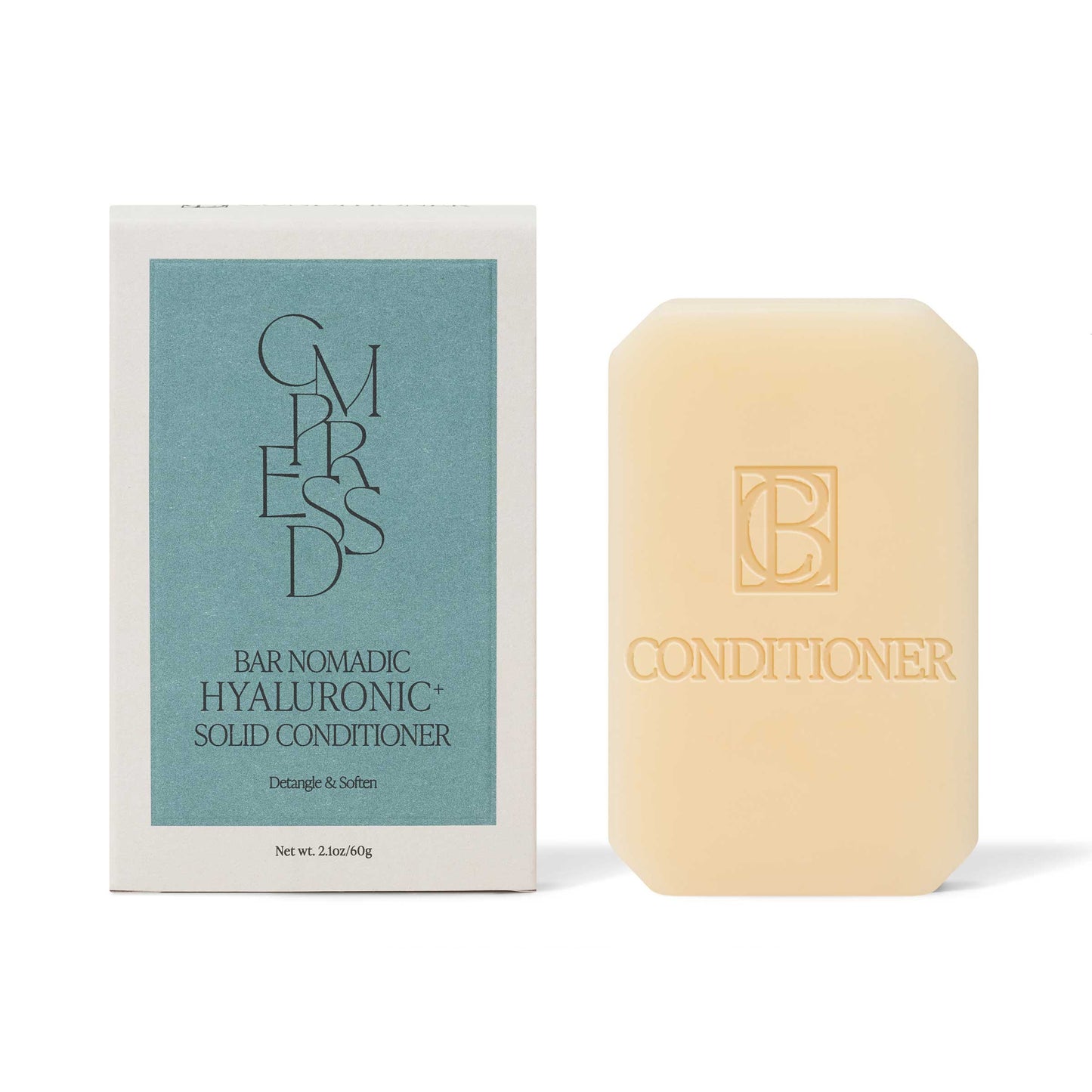 Hyaluronic+ Solid Conditioner Bar next to its box, showcasing plastic free hair care benefits for soft, nourished hair.