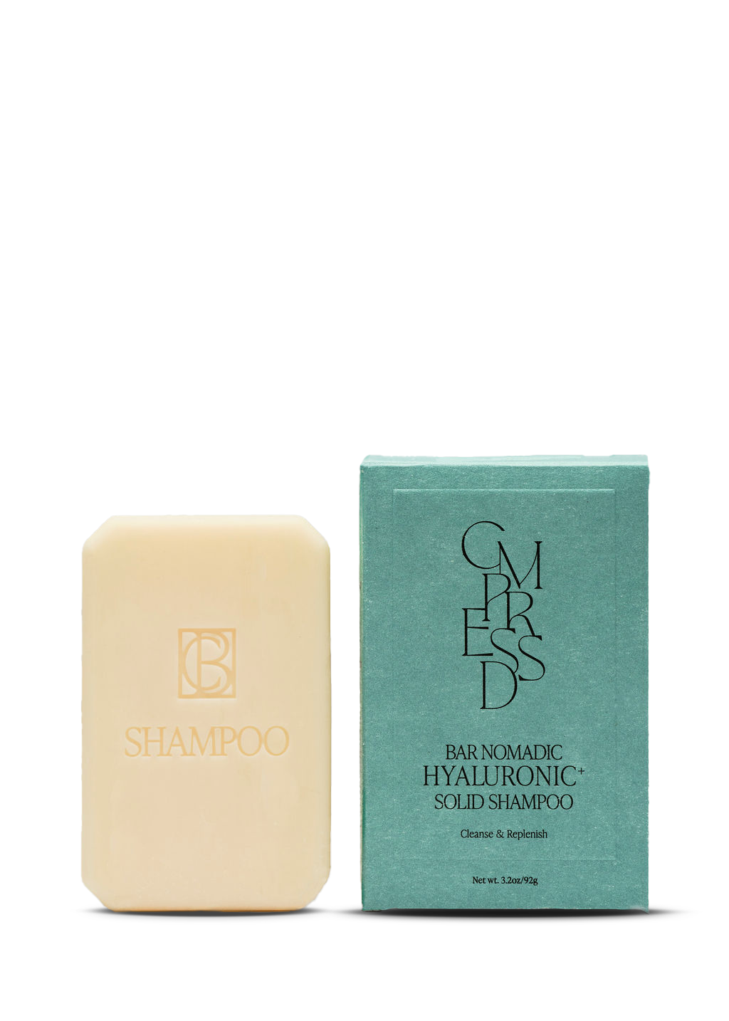 Hyaluronic+ Solid Shampoo Bar by Cmpressd Beauty, a plastic-free solid hair care bar for all hair types. Bar of shampoo and its packaging on a white background