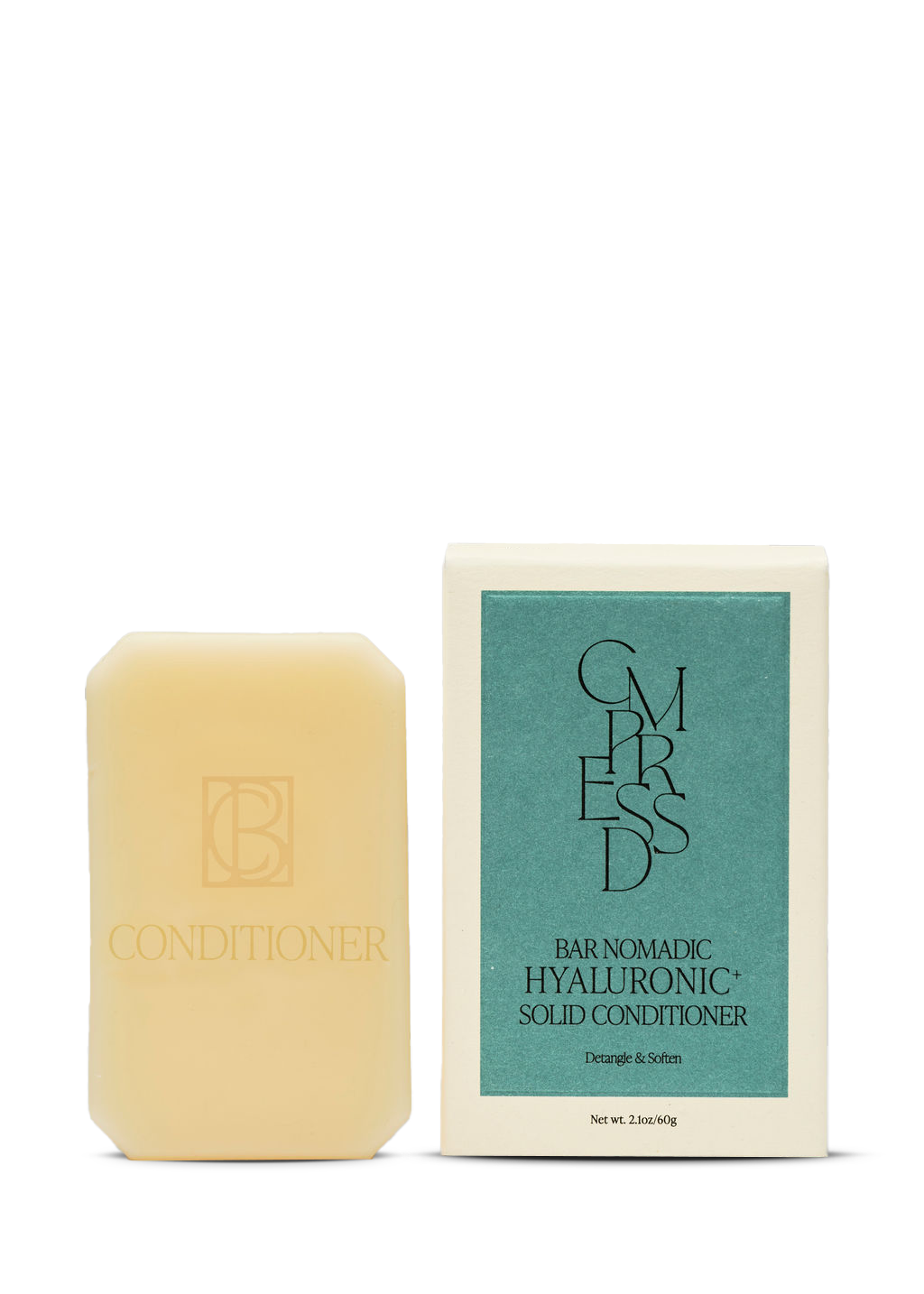 Bar of conditioner with packaging on a white background