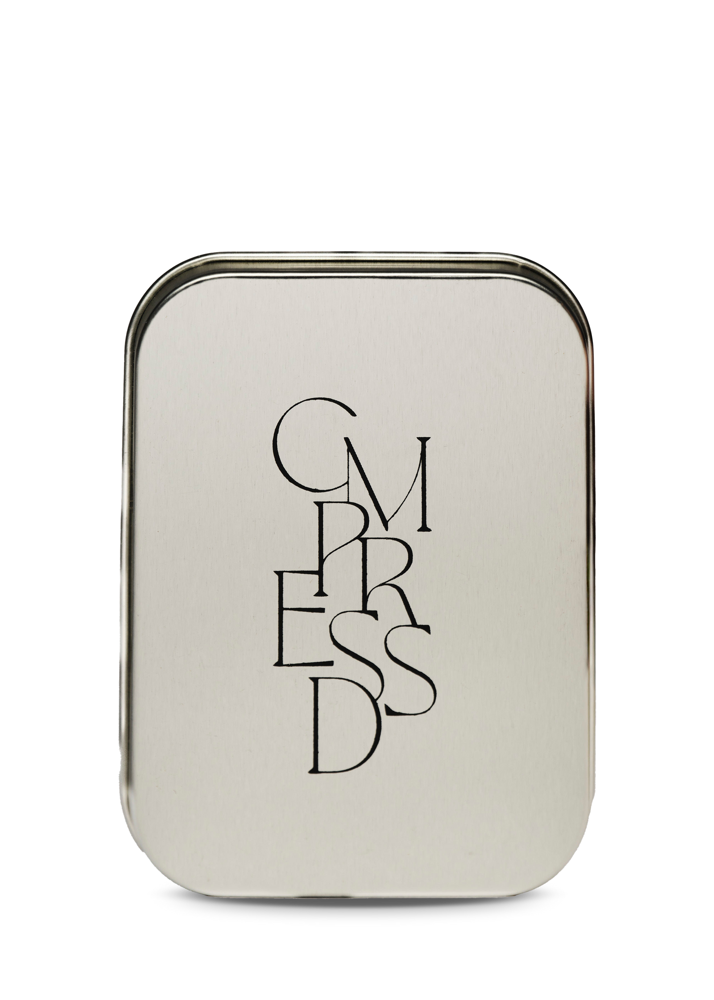 Silver travel tin with 'CMPRESSD' text on a white background