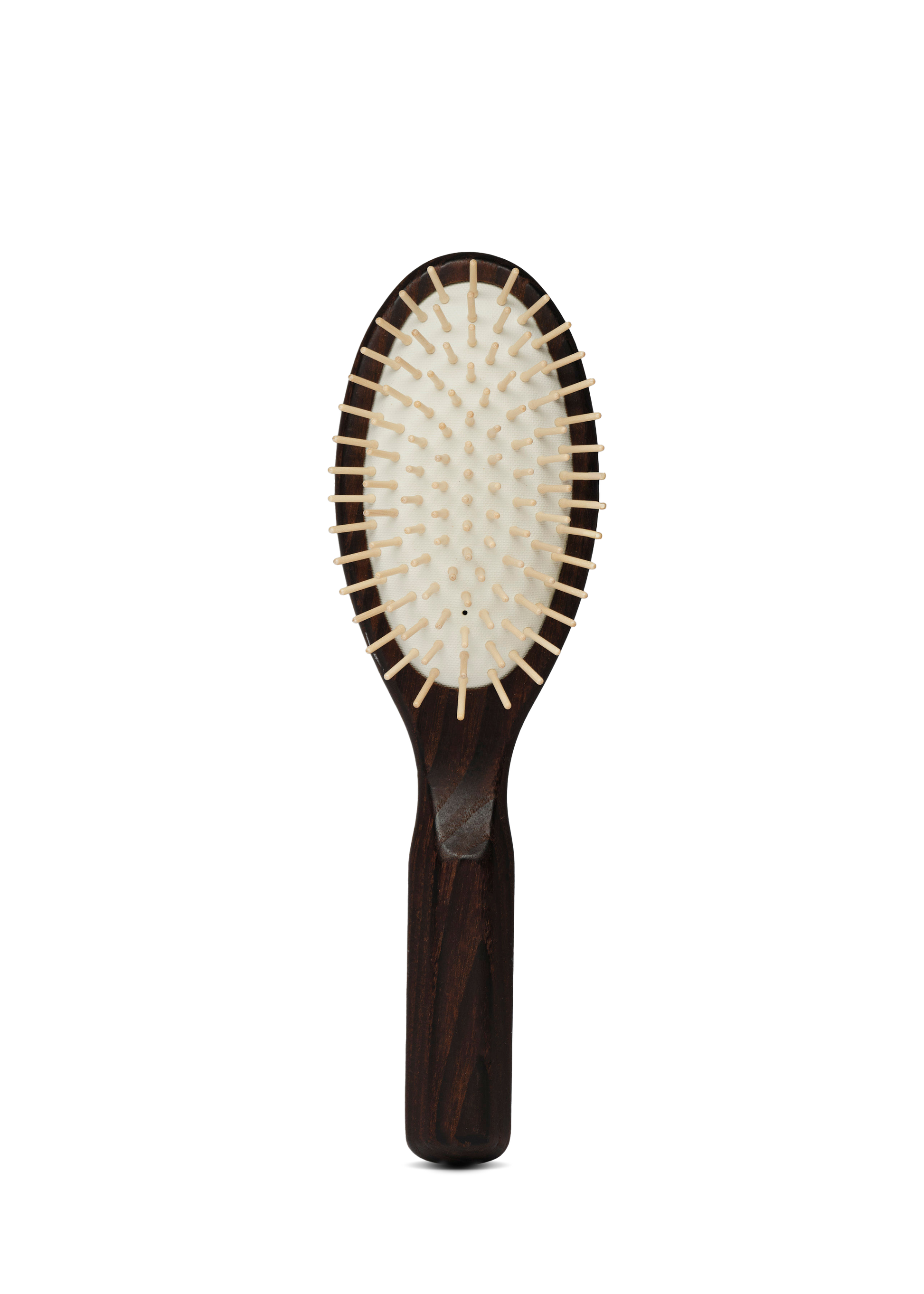 Hairbrush with wooden handle and bristle head on a white background